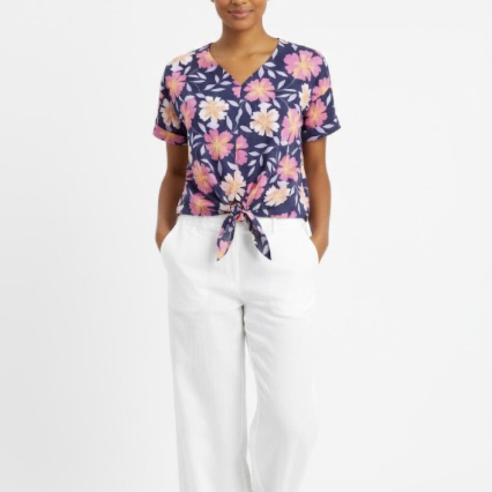 Charter Club Navy‎ Pink Floral 100% Linen Tie Front Short Sleeve Button Down XL